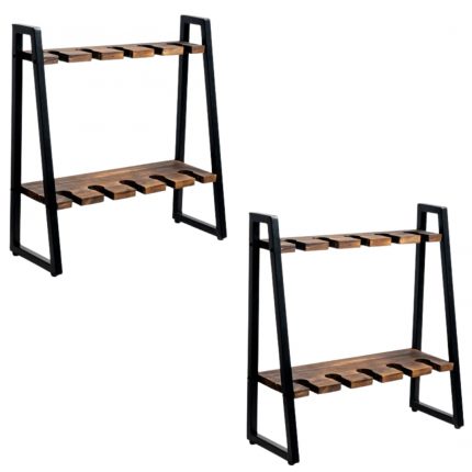 Industrial Wood and Metal Wine Rack – 2-Tier Freestanding Bottle Holder for Home or Bar Display